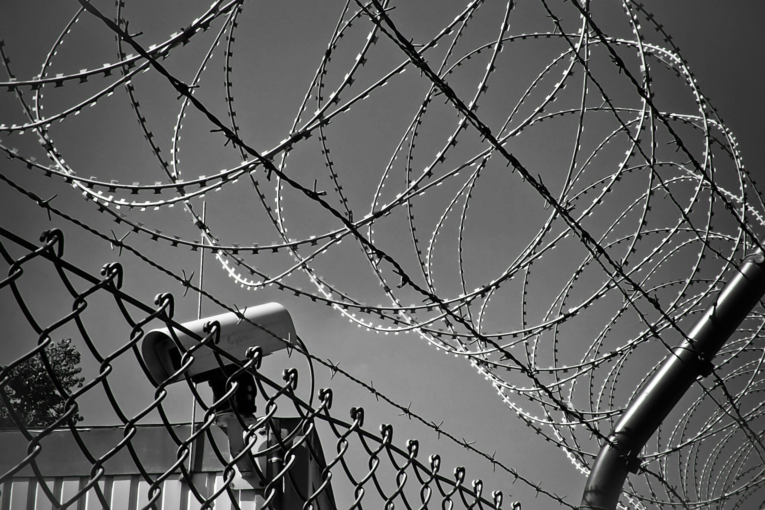 Security camera mounted on a fence beneath coils of barbed wire, photographed in black and white